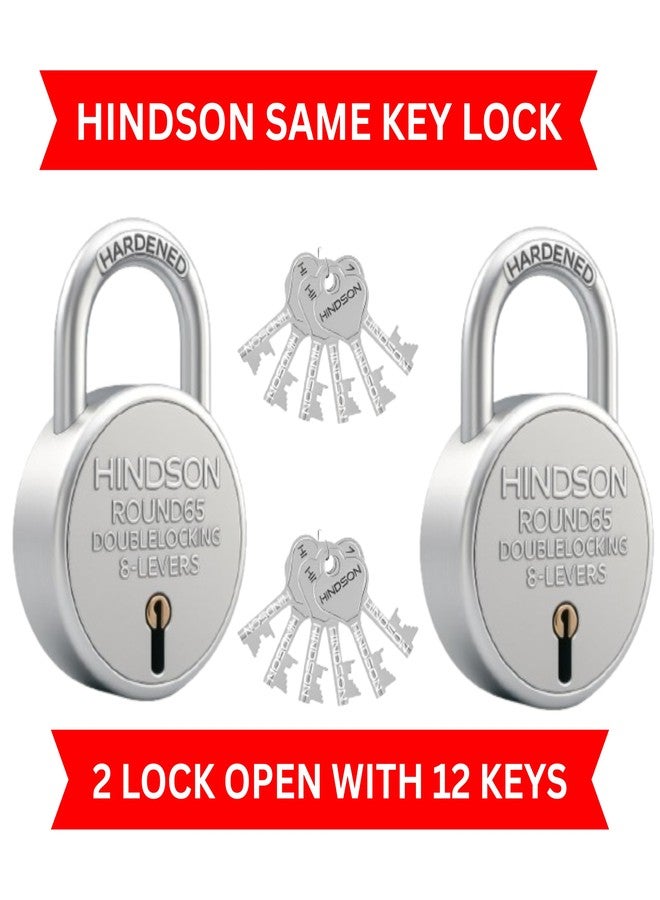 Hindson Same Key Round 65mm Padlock | 2 Heavy Duty Padlocks with 12 Common Keys | Strong Metal Body Locks with Double Locking & 8-Lever Mechanism for Home, Gate, Shutter & Shop Security - Image 2